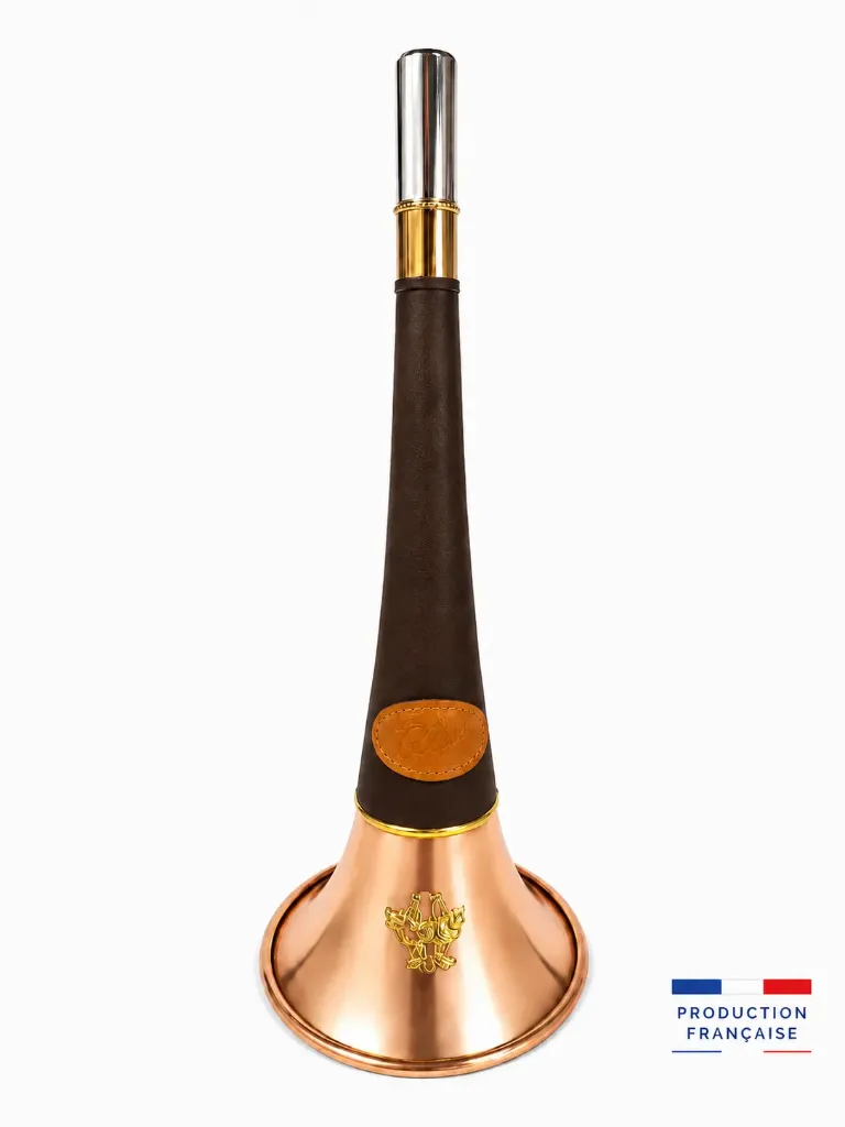 300C Marron- Trompe Droite Pavillon Cuivre 40 cm polie "ST HUBERT" Gainée Cuir - Embout Magnum - NOUVEAUTE 2026 (*)