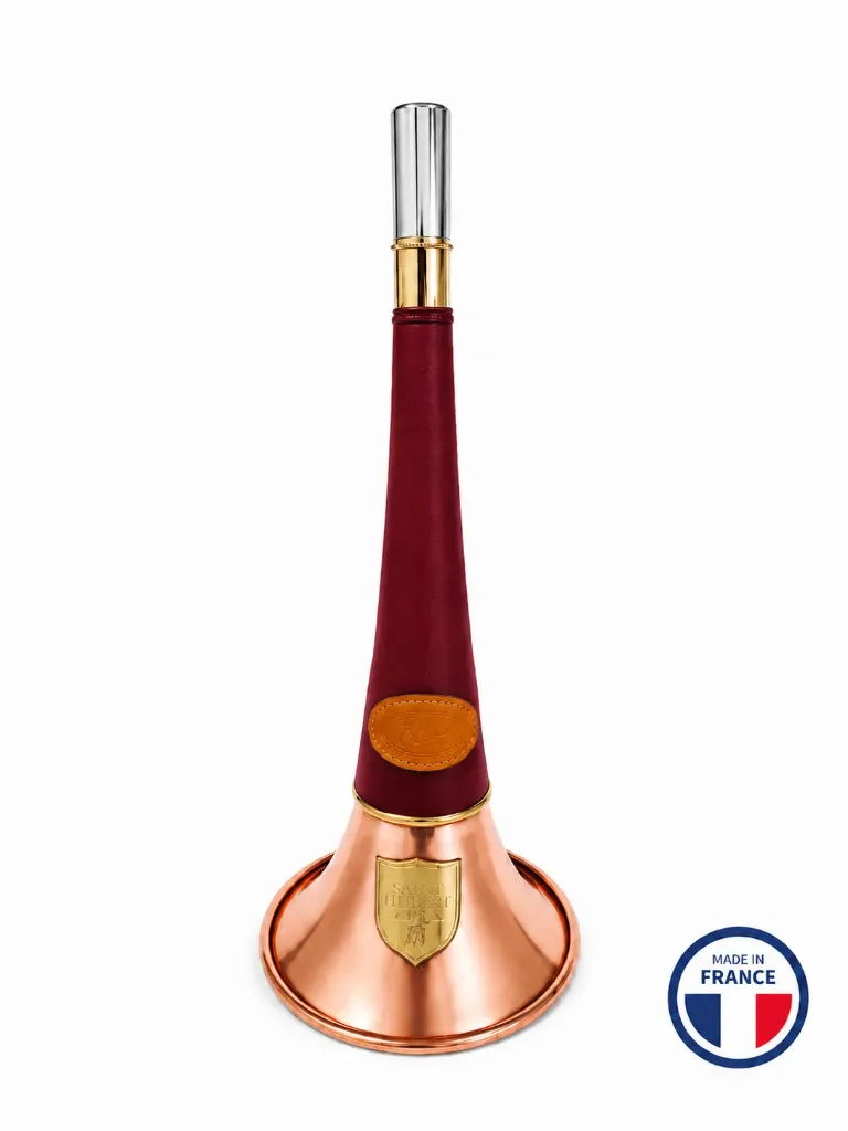300C Bordeau- Trompe Droite Pavillon Cuivre 40 cm polie "ST HUBERT" Gainée Cuir - Embout Magnum - NOUVEAUTE 2026 (*)